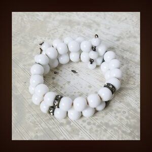 Vintage Rhinestone & White Bead Cuff Bracelet